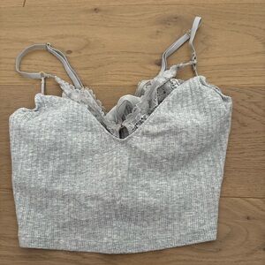 Aerie Gray Lace Trim Ribbed Women's Top